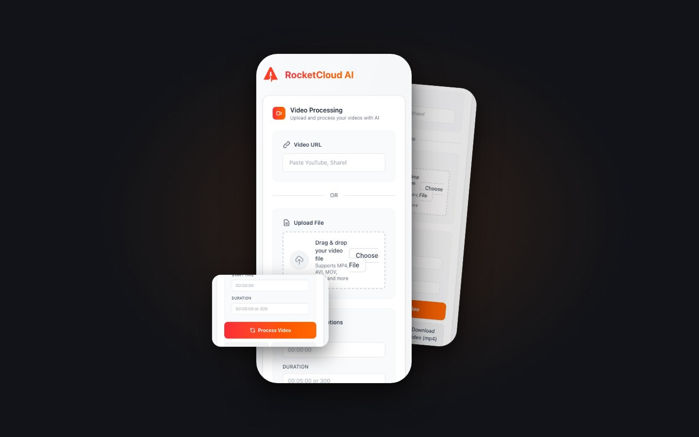 RocketCloud AI — designed card showing the video processing interface.
